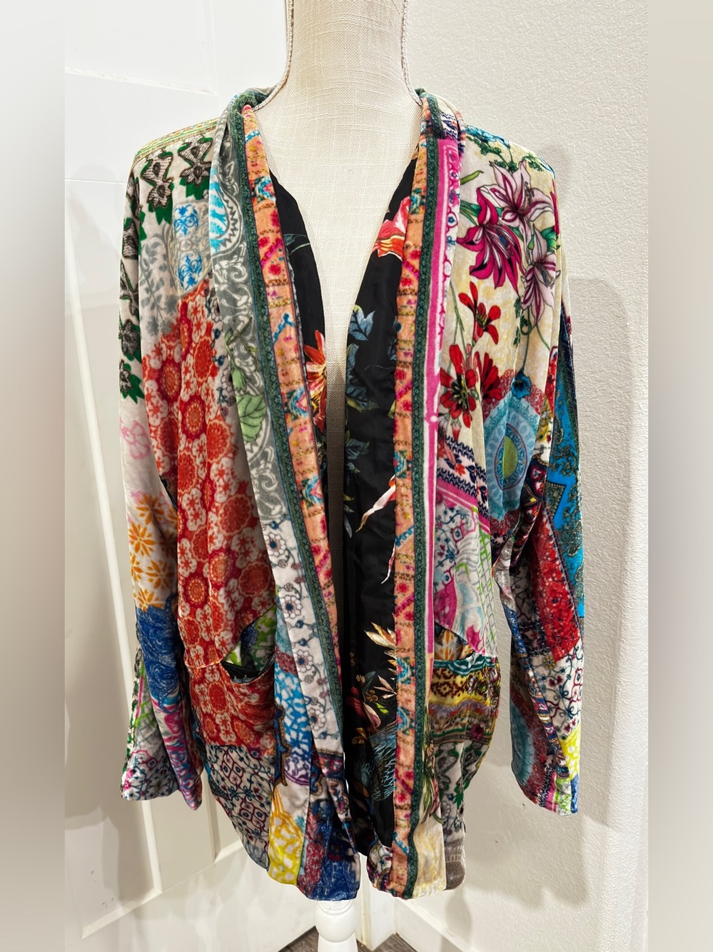 Johnny Was Mixed Print Silk Blend Velvet Kimono Jacket Cardigan L Style C43918-7